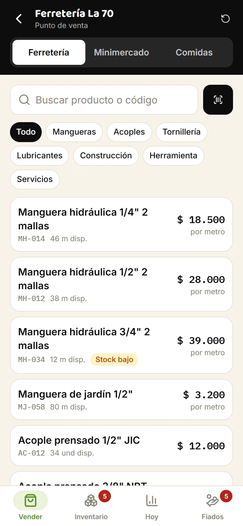 Sistema de ventas TratoO en el celular: catálogo de una ferretería de ejemplo
